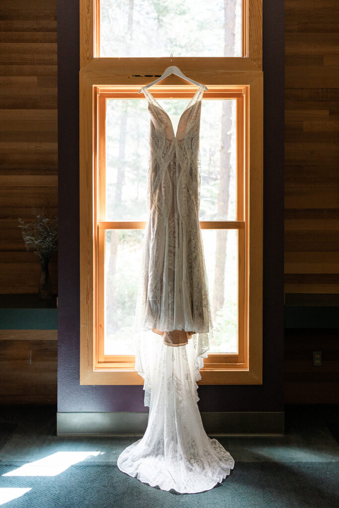Wedding dress hanging at Tierra Retreat Center